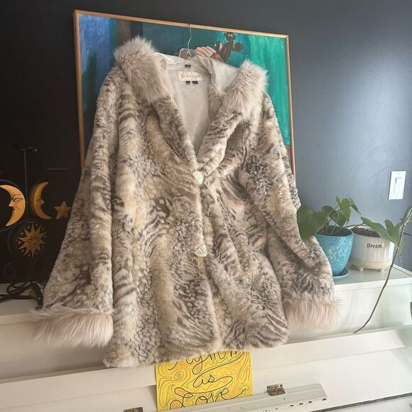VTG! Nuage Collection Cream Faux Fur Hooded Coat Tiger Print L/G 90s Cozy Glam - Picture 5 of 15